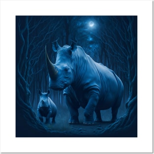 White Rhino and her Rhino Calf Posters and Art